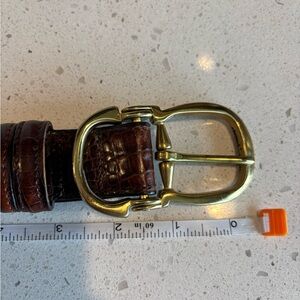 Joan & David Brown Croc-Embossed Leather Belt with Gold Buckle